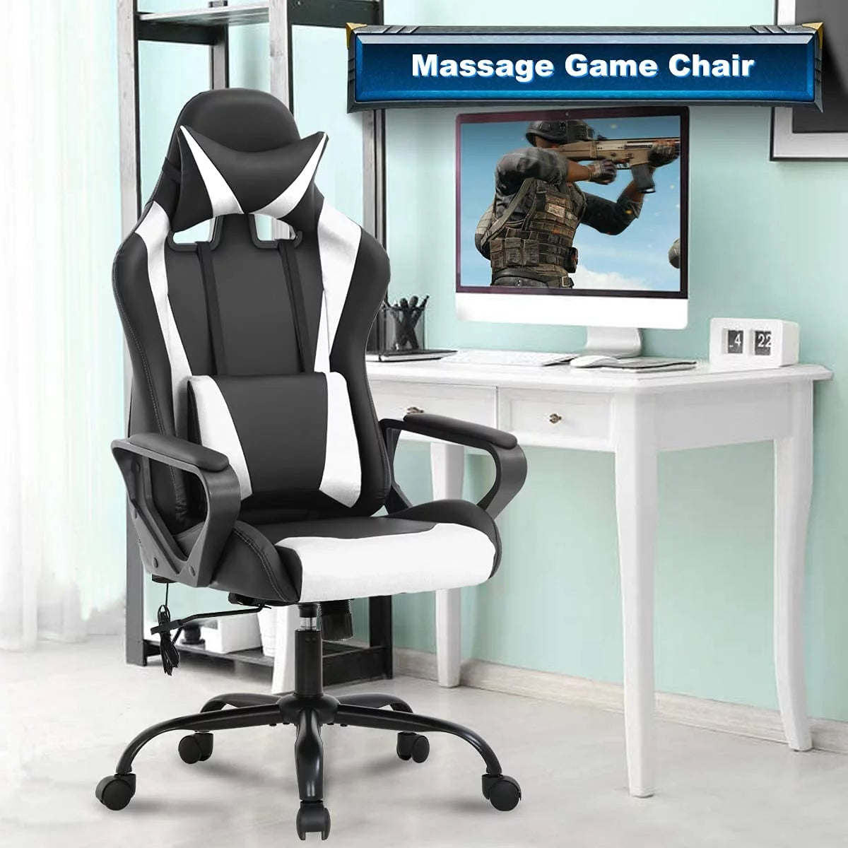 White Massage Gaming Chair with Headrest and Lumbar Support O503379