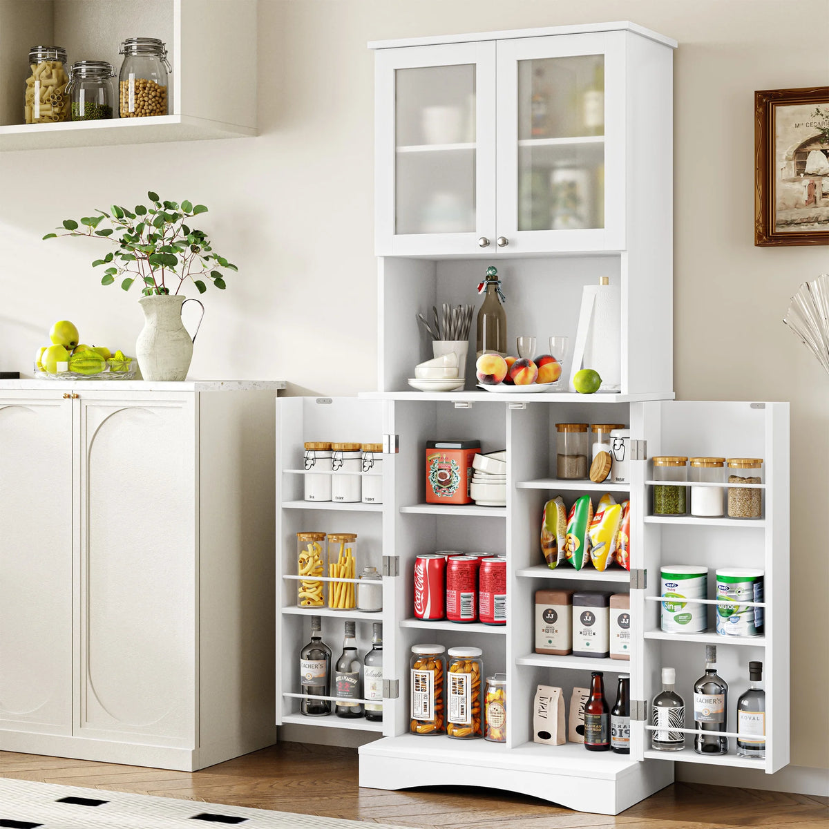 63'' White 4 Door Kitchen Storage Cabinet with Adjustable Shelves V924
