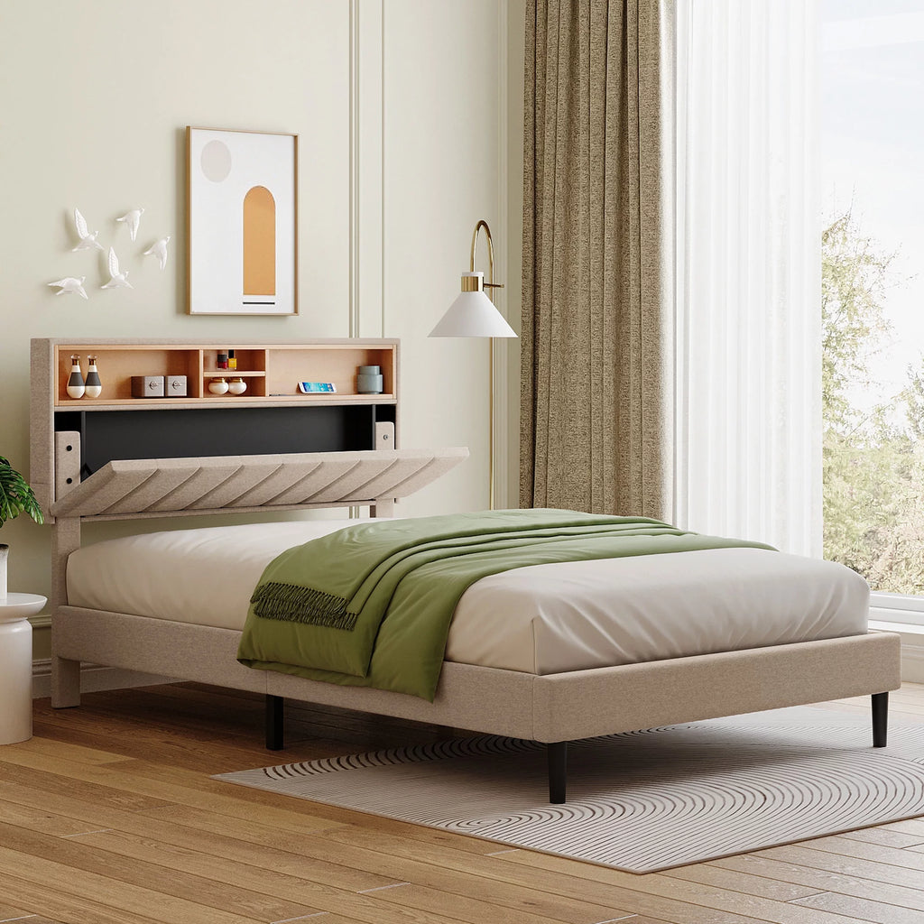 Queen Upholstered Bed Frame with Storage Headboard and USB Port W9628