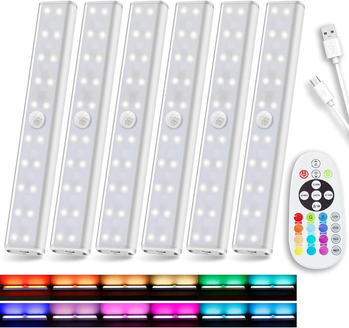Rechargeable 48-LED Remote Lights, RGB Bar, 6 Pack Q931
