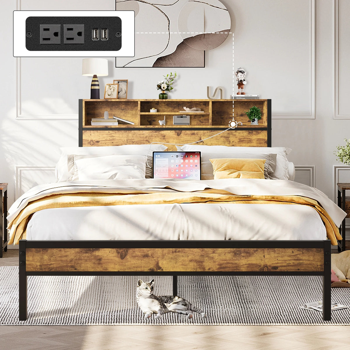 Vintage Brown Metal Platform Bed Frame with Storage Headboard C506