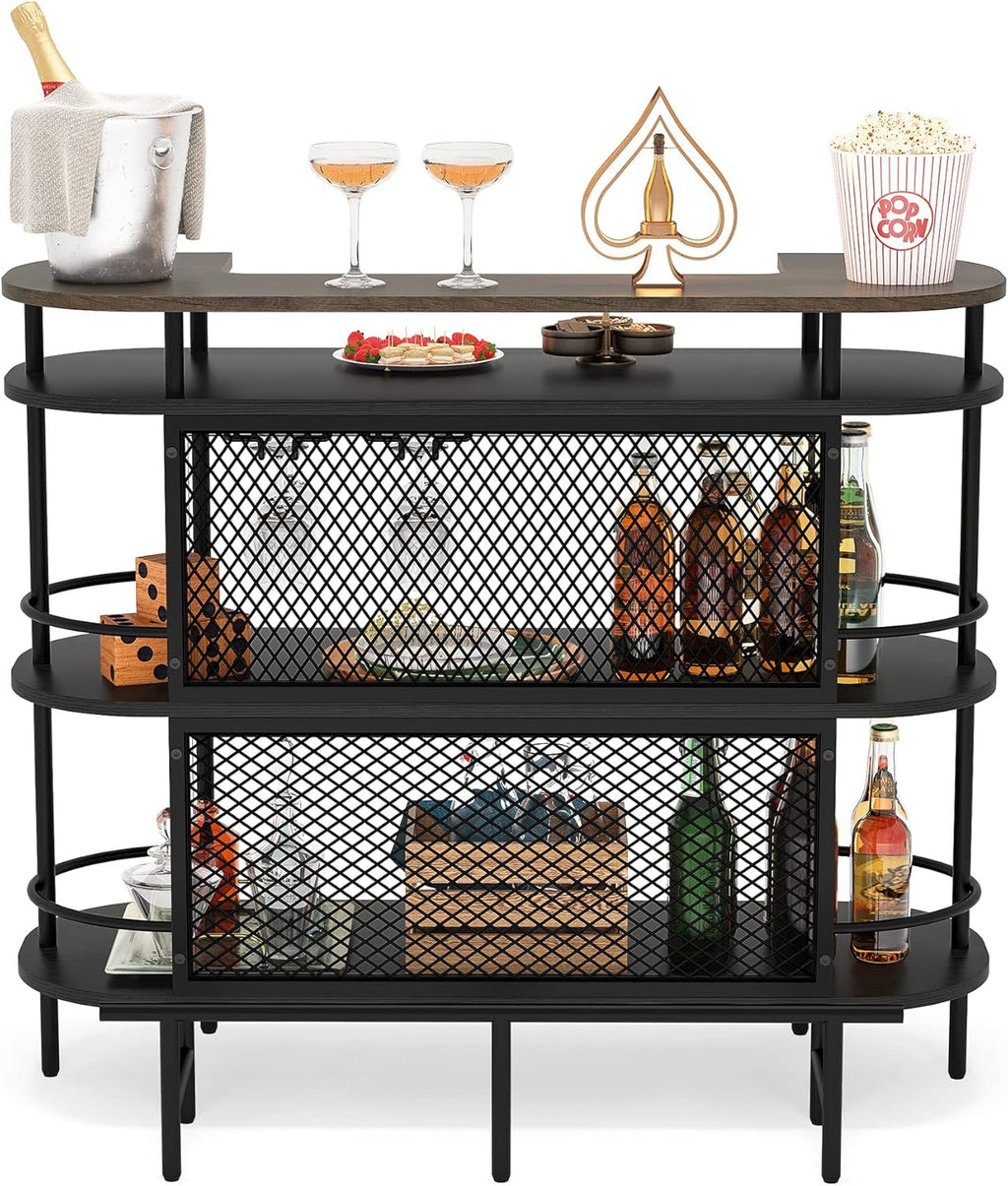 Black and Walnut 4 Tier Bar Cabinet with Storage Shelves B3498