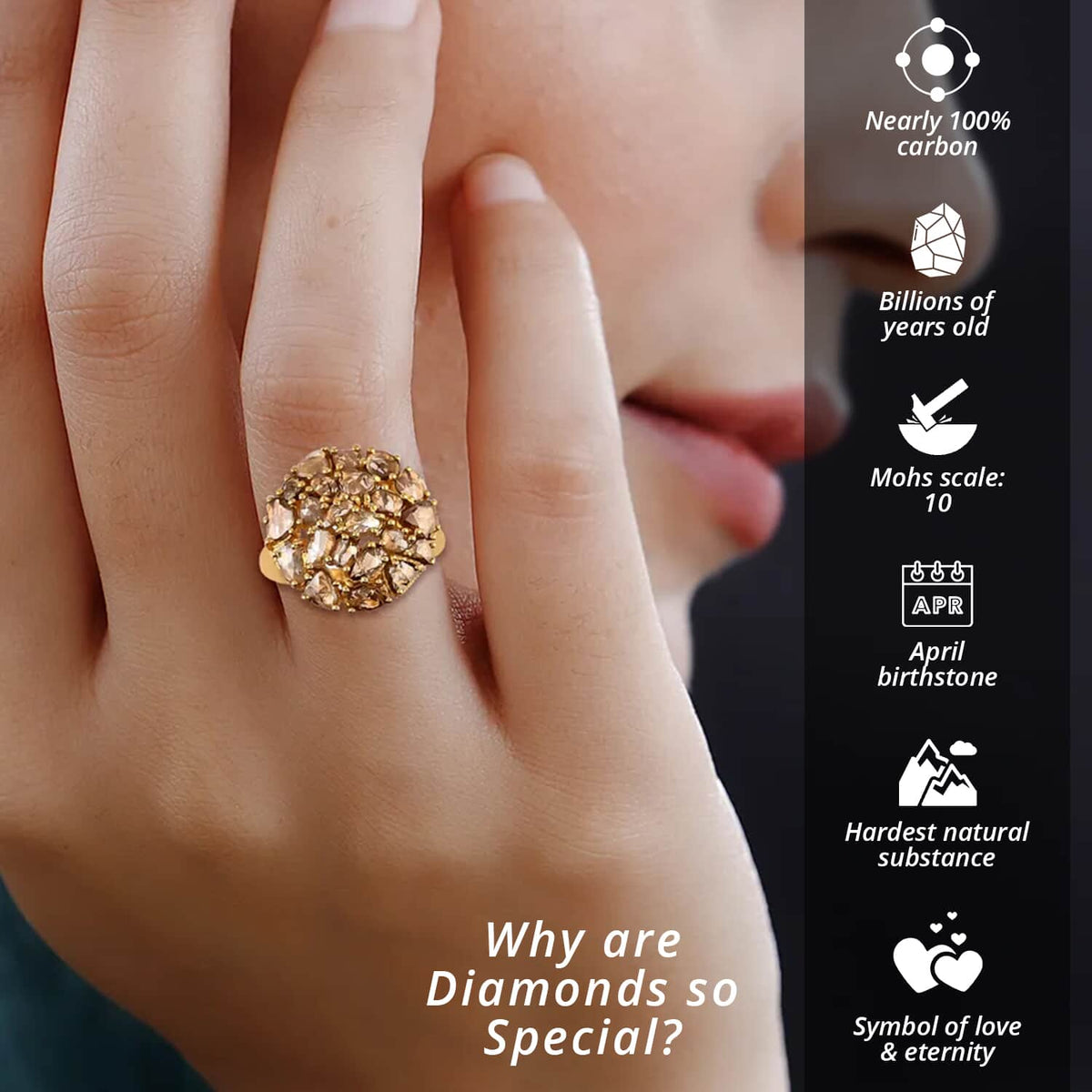 Champagne Diamond Mix 925 Sterling Silver 14K Yellow Gold Plated Cluster Ring Size 8 P4495