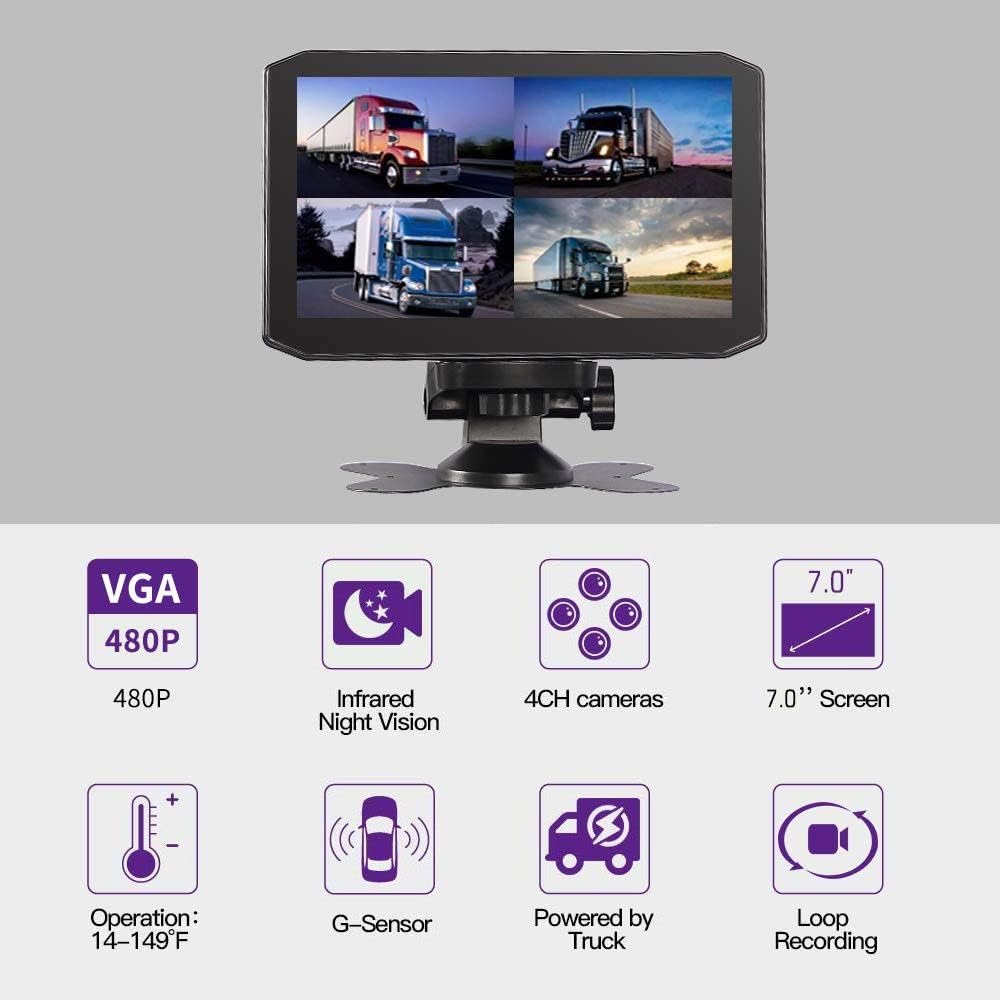 4CH Dash Cam Backup Camera 7.0'' Monitor Recording DVR Front & Sides & Rear VGA with Infrared Night Vision Lens R4940