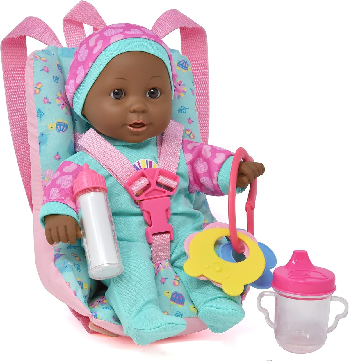 12 Inch Soft Body Black Baby Doll Travel Set with Booster Seat Carrier L54258