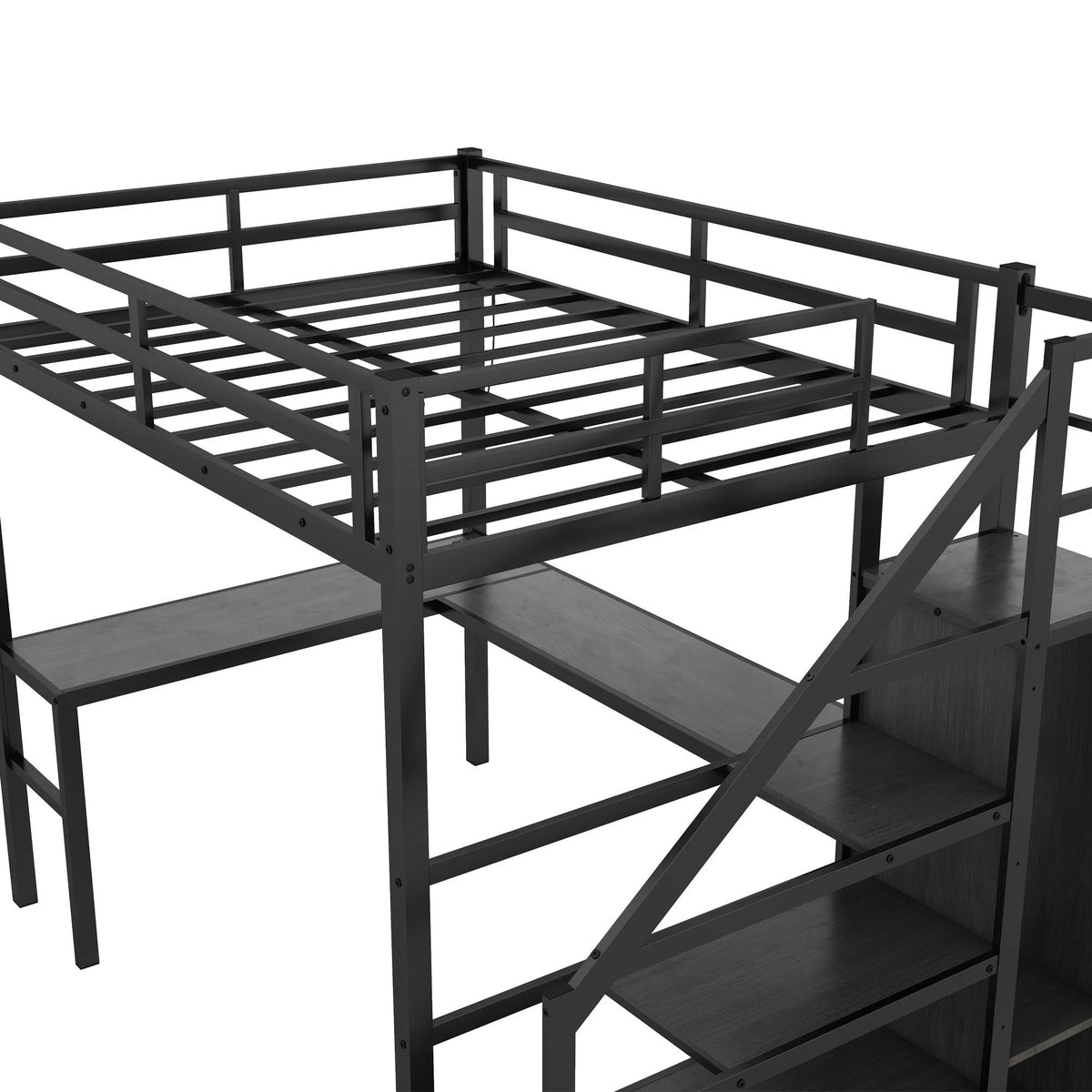 Black Full Size Metal Loft Bed with Desk and Stairs A260