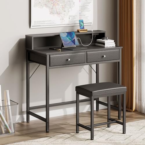 Black Vanity Desk with Drawers and Charging Station A200759