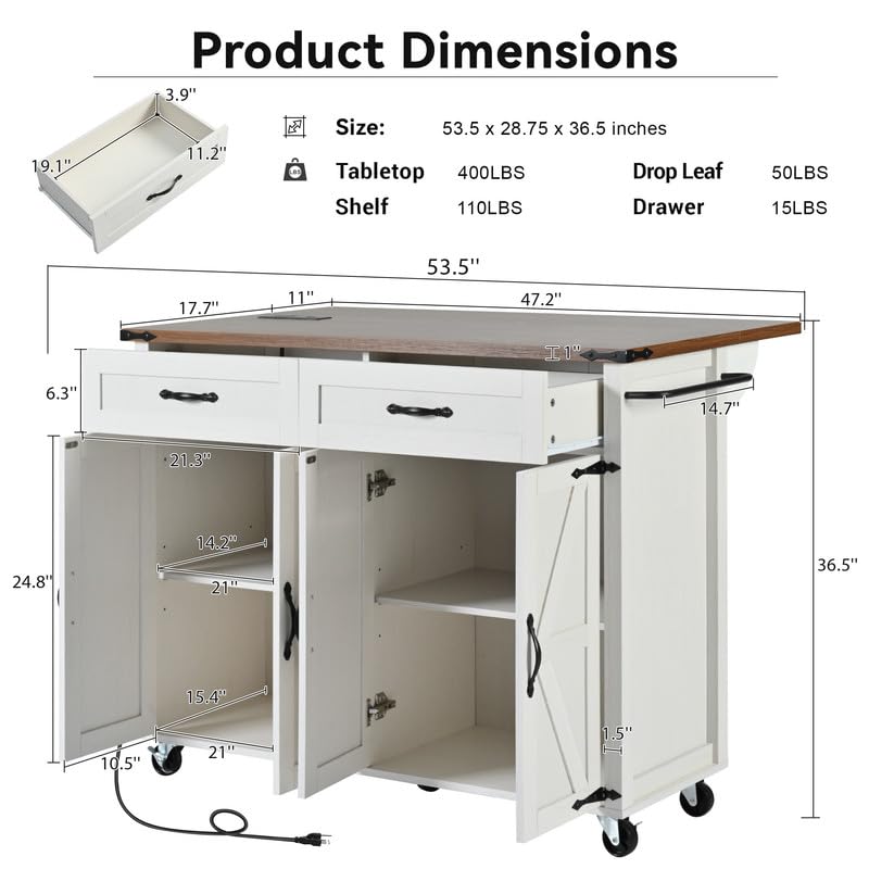 Farmhouse Kitchen Island with Power Outlet, Drop Leaf, Spice Rack and Drawer, Rolling Kitchen Cart on Wheels I94436