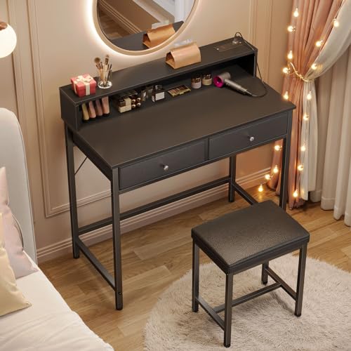 Black Vanity Desk with Drawers and Charging Station A200759