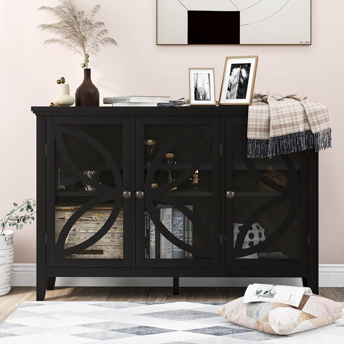 Black Accent Buffet Sideboard with Tempered Glass Console Table Sofa Table with Adjustable Shelves Cabinet L704056