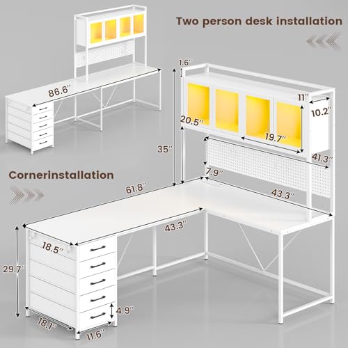 White L Shaped Gaming Desk with Drawers and Hutch A71792