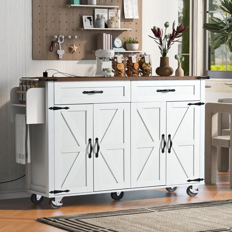 Farmhouse Kitchen Island with Power Outlet, Drop Leaf, Spice Rack and Drawer, Rolling Kitchen Cart on Wheels I94436