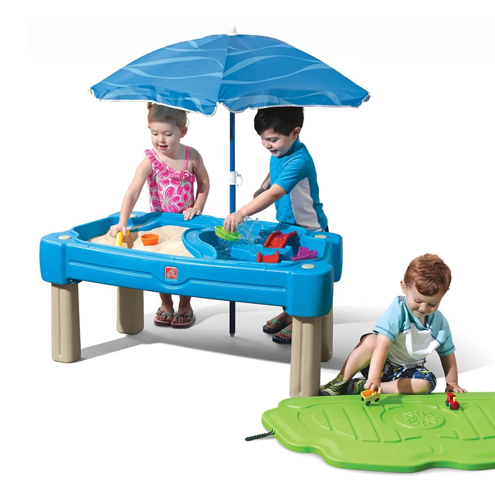 Blue Plastic Sandbox and Water Table with Cover and Umbrella S265494
