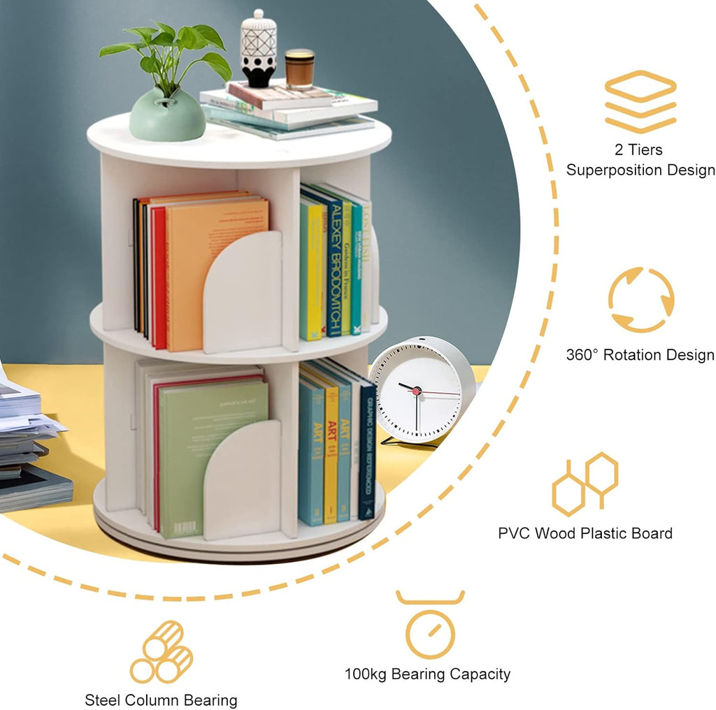 White 2 Tiers Rotating Bookshelf N742