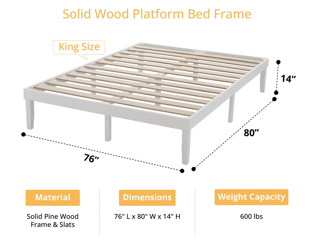 King Solid Wood Platform Bed Frame with Wooden Slats T8862