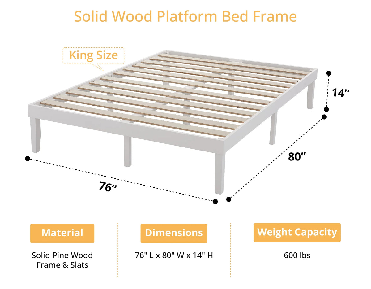 King Solid Wood Platform Bed Frame with Wooden Slats T8862
