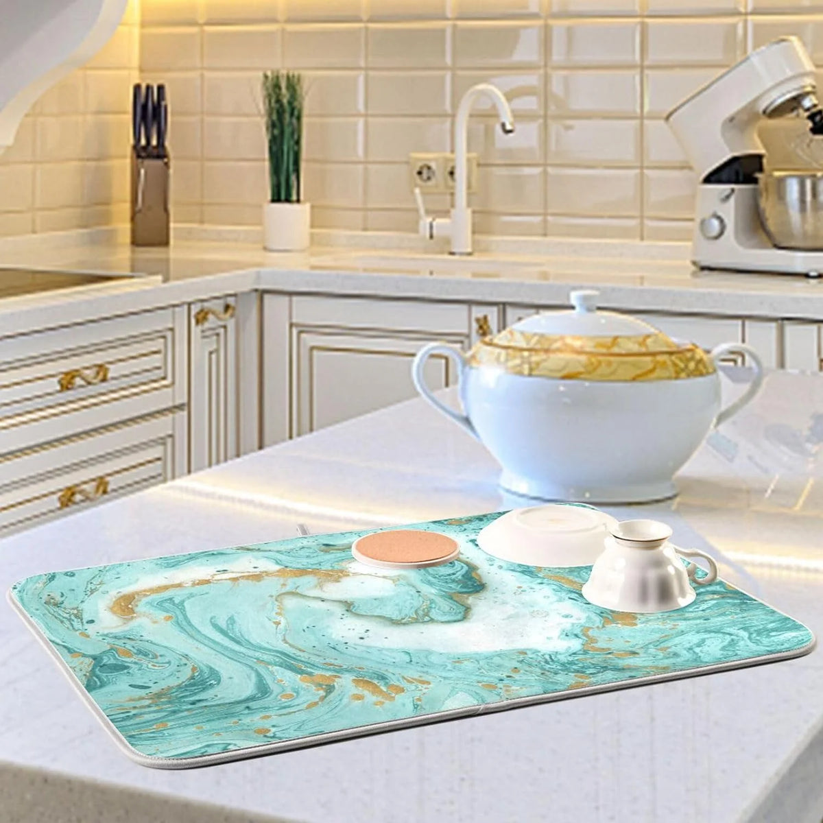 Turquoise Marble Texture Dish Drying Mat 16x18Inch X252