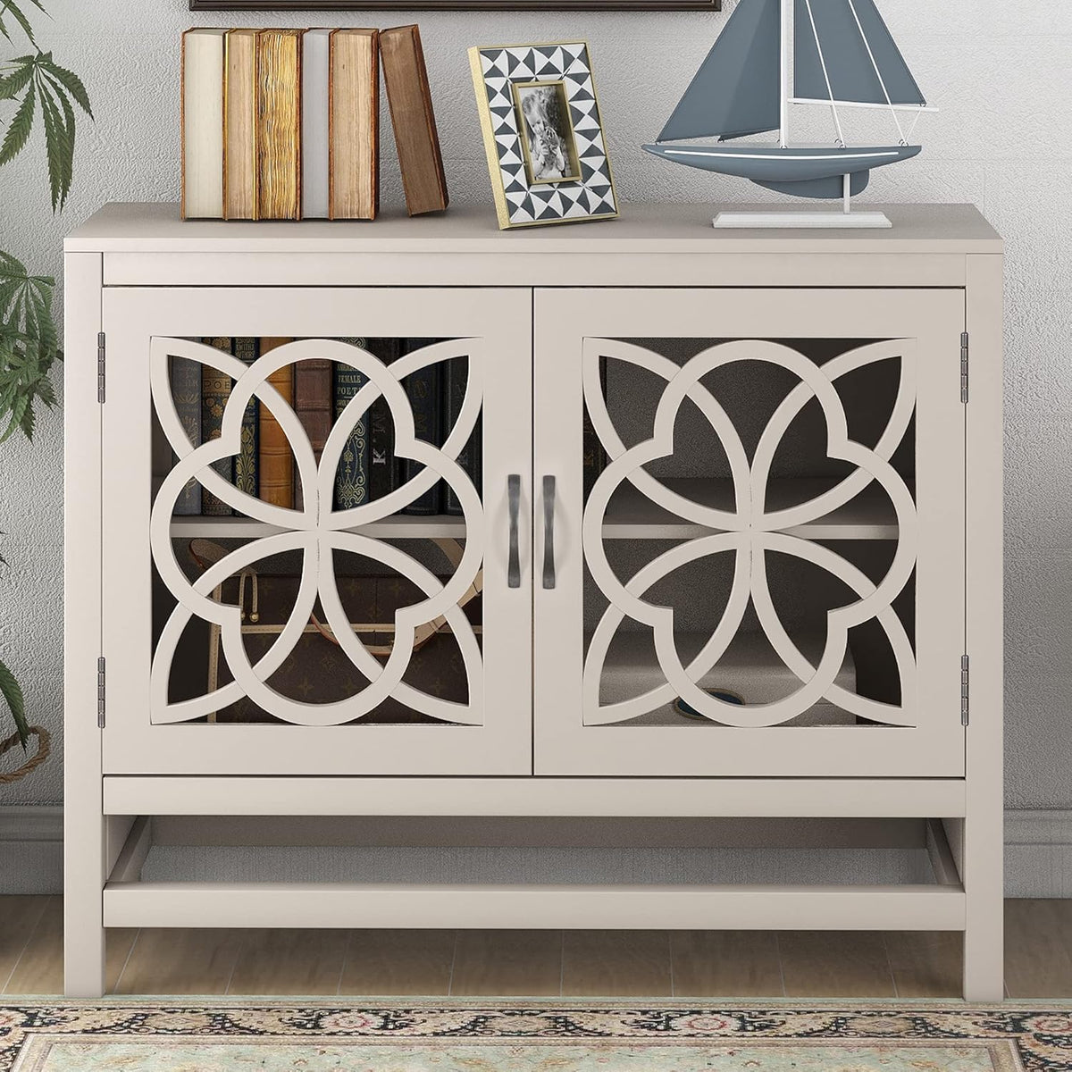 Black Accent Buffet Sideboard with Tempered Glass Console Table Sofa Table with Adjustable Shelves Cabinet L704056