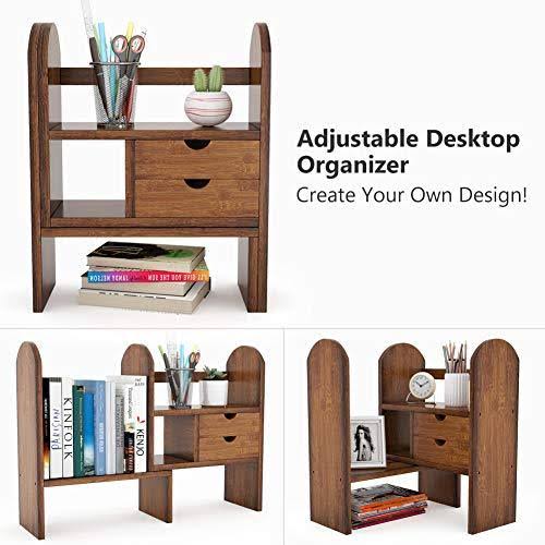 Bamboo Desktop Bookshelf Bookcase with 2 Drawers O7197