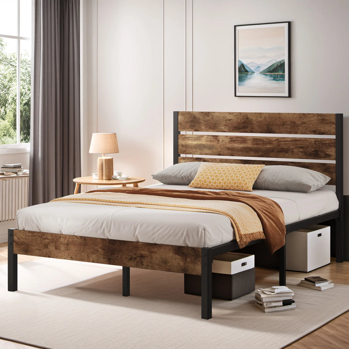 Queen Bed Frame with Wood Headboard and Footboard P89566