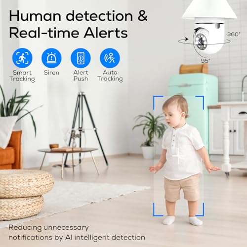Light Bulb Security Camera, 360° WiFi Wireless Outdoor Indoor Color Night Vision, Auto Tracking Smart Alarm, 2-Way Talk, Porch Light Socket Camera Q461