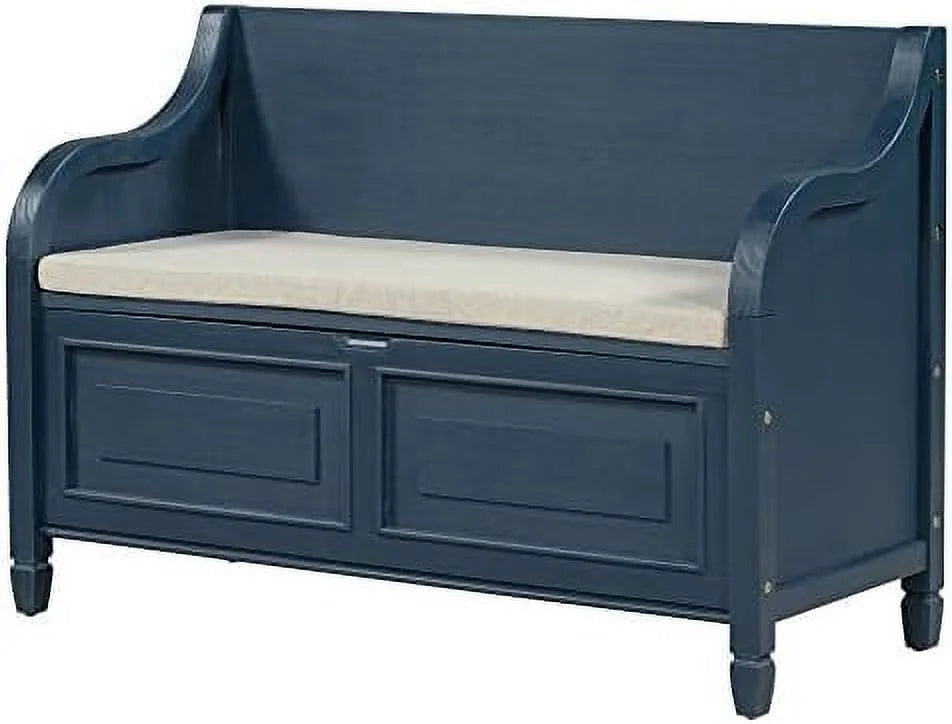 Rustic Entry Bench with Hidden Compartments and Removable Cushion (Antique Navy) M22017