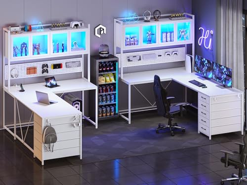 White L Shaped Gaming Desk with Drawers and Hutch A71792