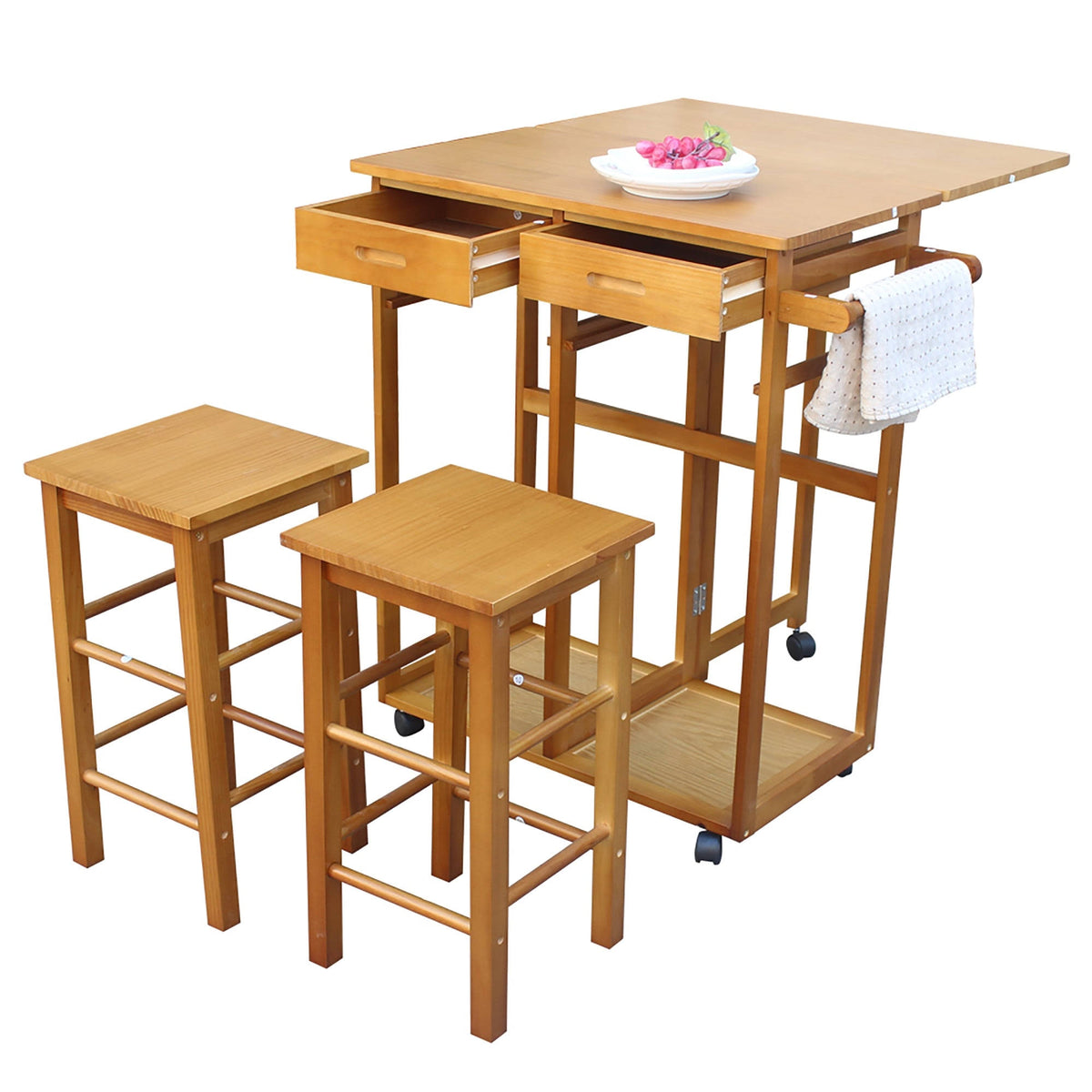 Folding Dining Cart Bar Table with 2 Stools U859