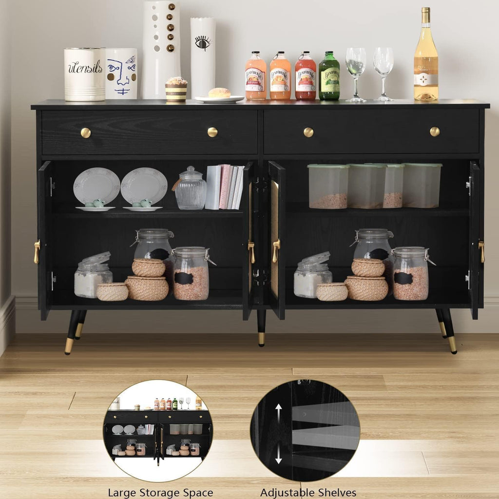 Black Sideboard Storage Cabinet with 4 Rattan Doors and 2 Drawers U108