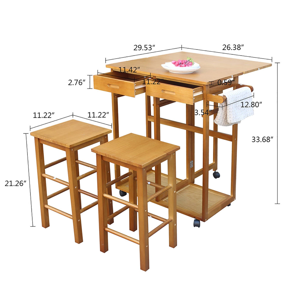 Folding Dining Cart Bar Table with 2 Stools U859