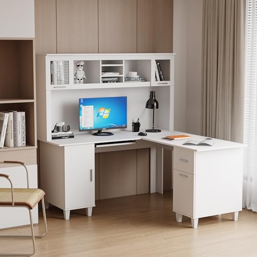 White Corner Desk with Drawers and Shelves I640929