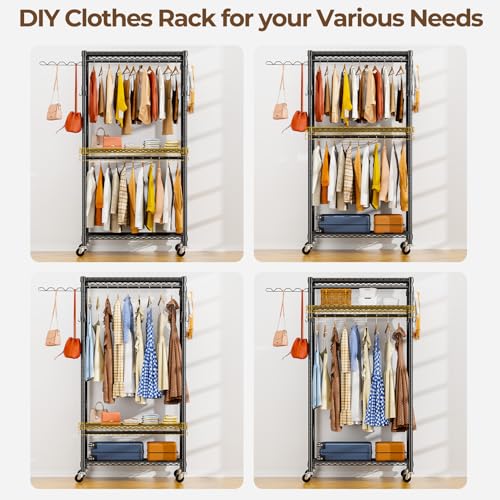 Black Heavy Duty Metal Freestanding Clothing Rack with Shelves & Wheels U865
