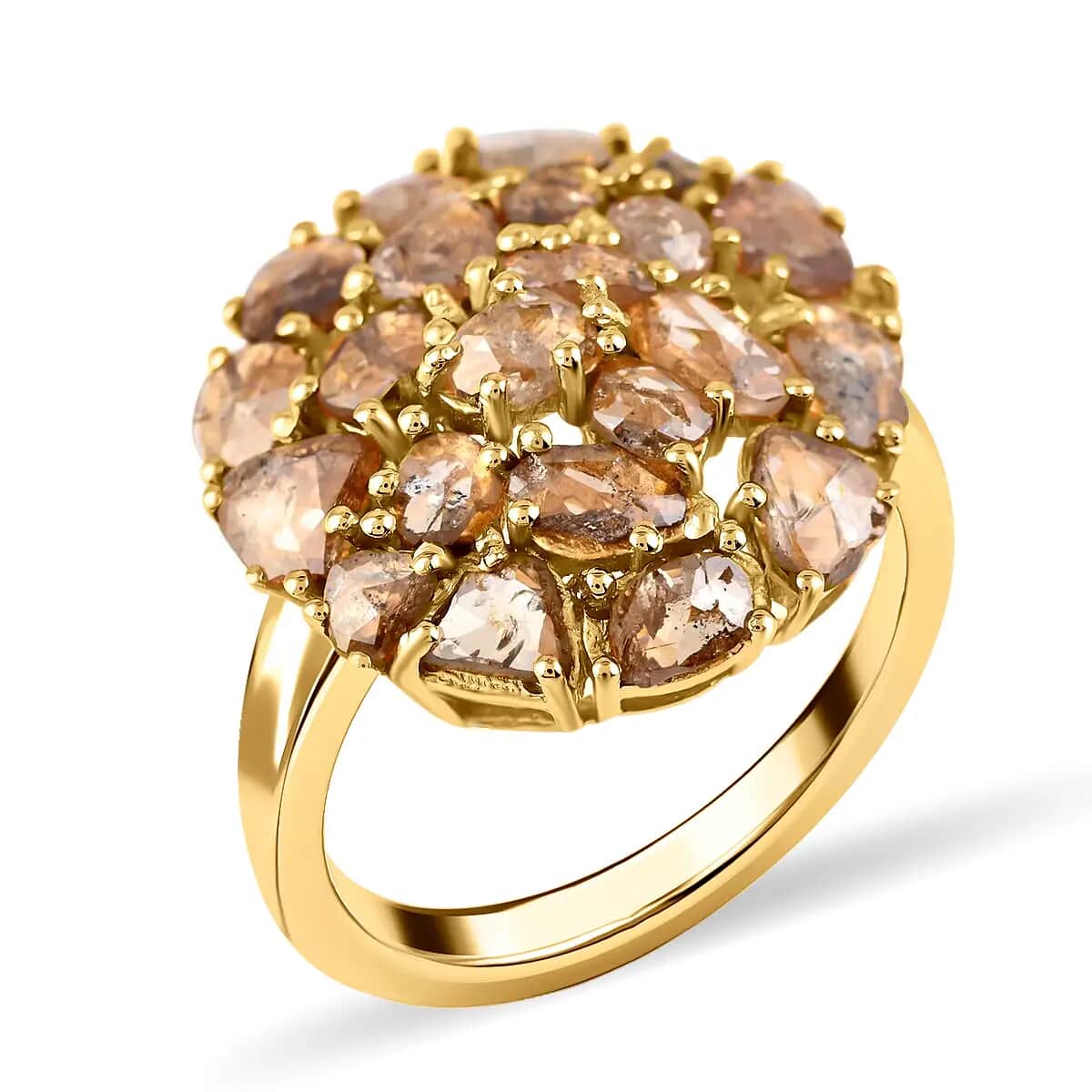 Champagne Diamond Mix 925 Sterling Silver 14K Yellow Gold Plated Cluster Ring Size 8 P4495