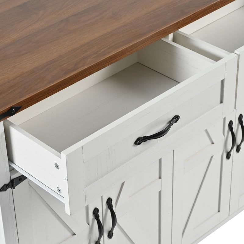 Farmhouse Kitchen Island with Power Outlet, Drop Leaf, Spice Rack and Drawer, Rolling Kitchen Cart on Wheels I94436
