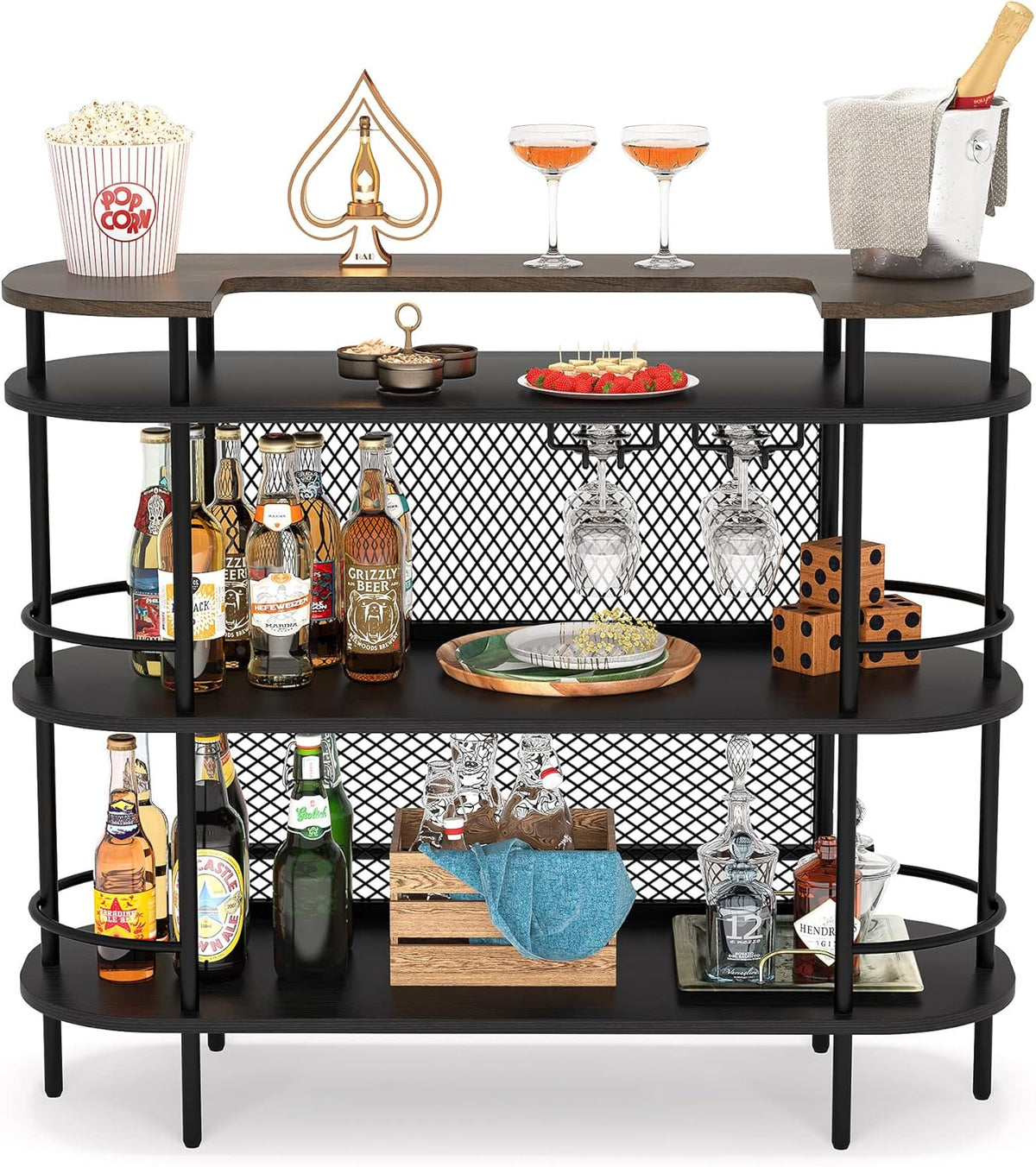 Black and Walnut 4 Tier Bar Cabinet with Storage Shelves B3498