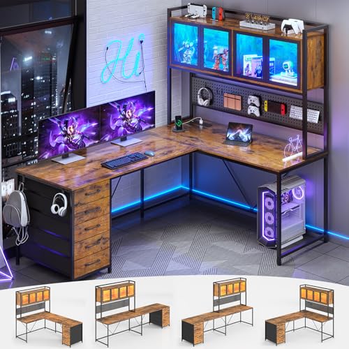White L Shaped Gaming Desk with Drawers and Hutch A71792