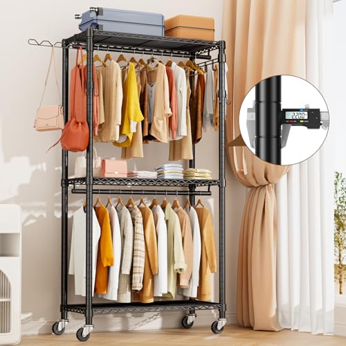 Black Heavy Duty Metal Freestanding Clothing Rack with Shelves & Wheels U865
