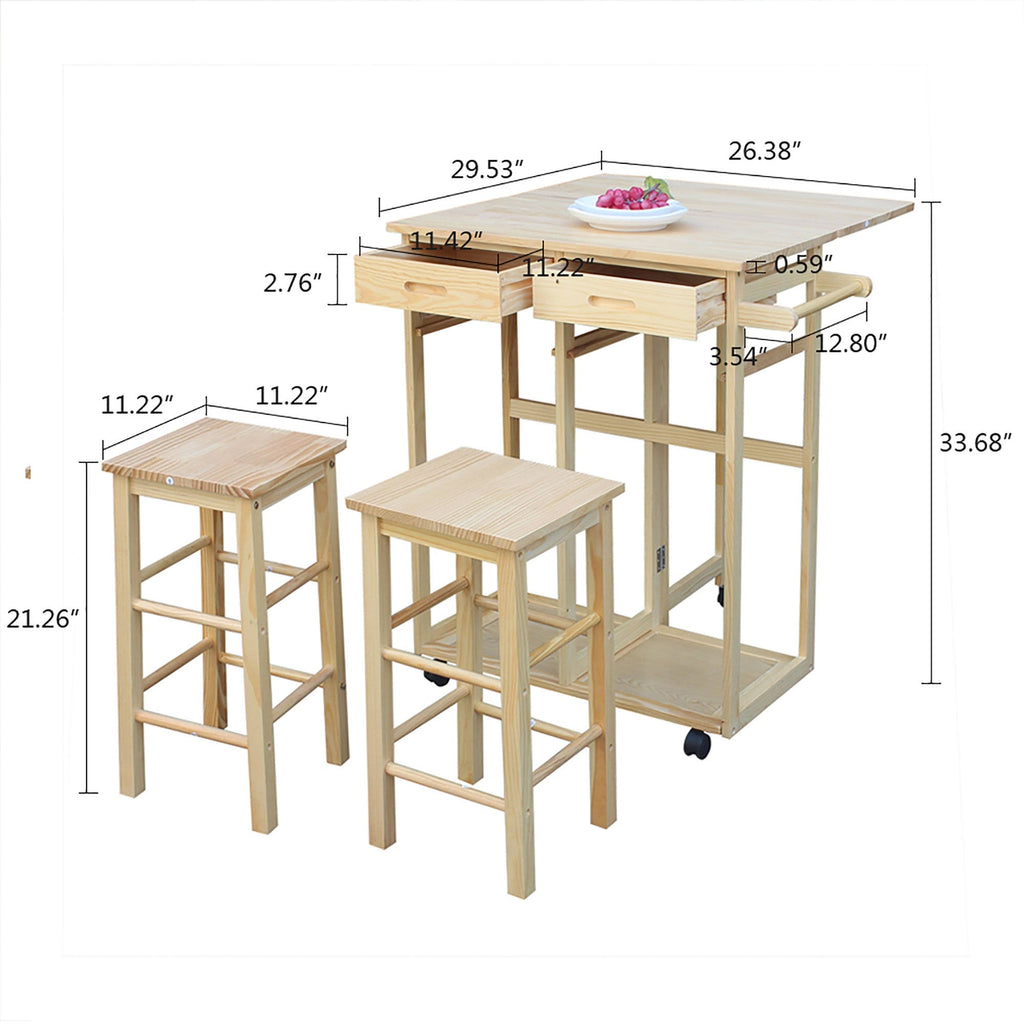 Folding Dining Cart Bar Table with 2 Stools U859