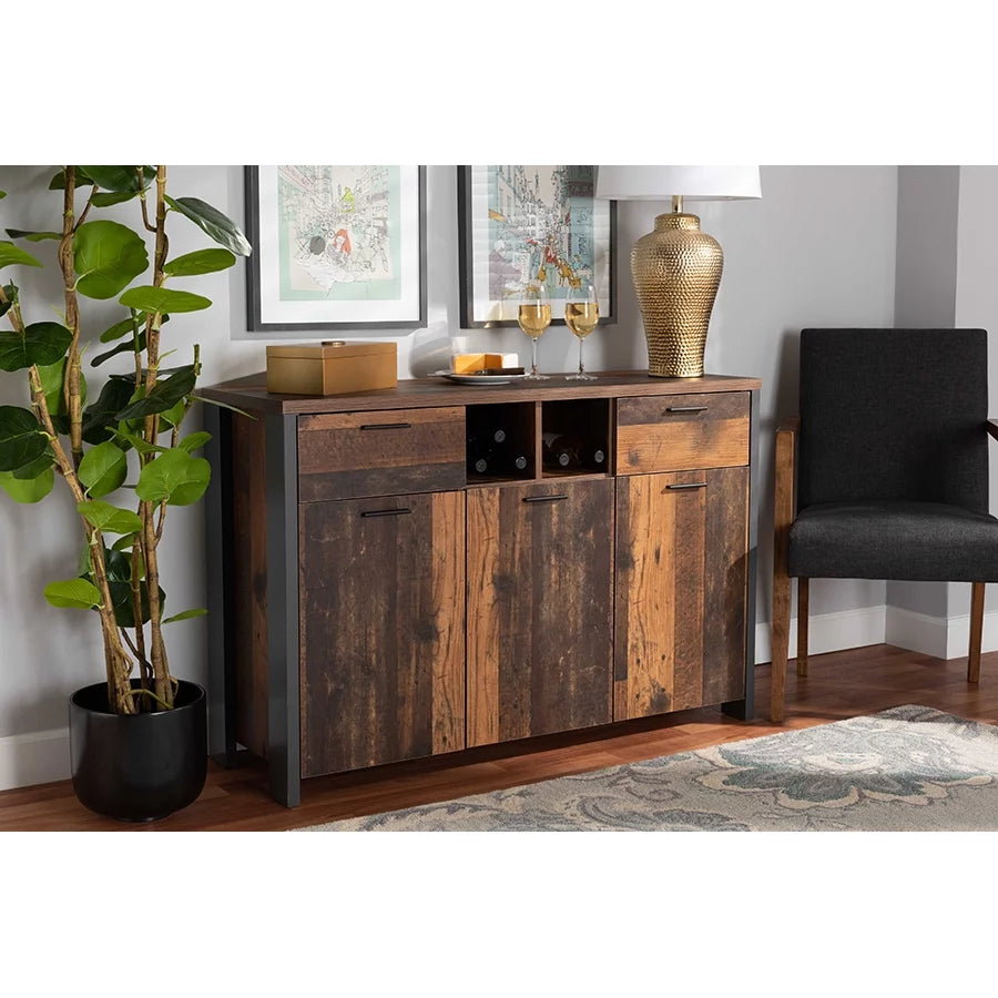 Rustic Brown Wood and Grey Metal 2-Door Sideboard Buffet P346