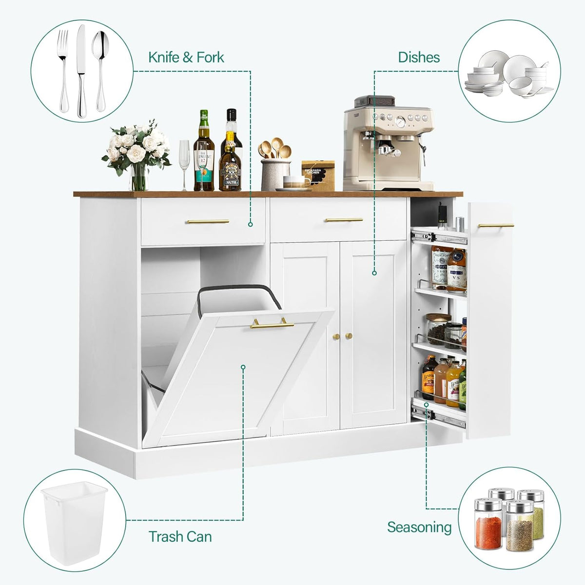 White Rolling Kitchen Island with Pull Out Spice Rack and Trash Can Cabinet O889