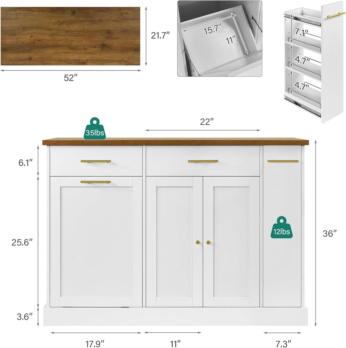 White Rolling Kitchen Island with Pull Out Spice Rack and Trash Can Cabinet O889