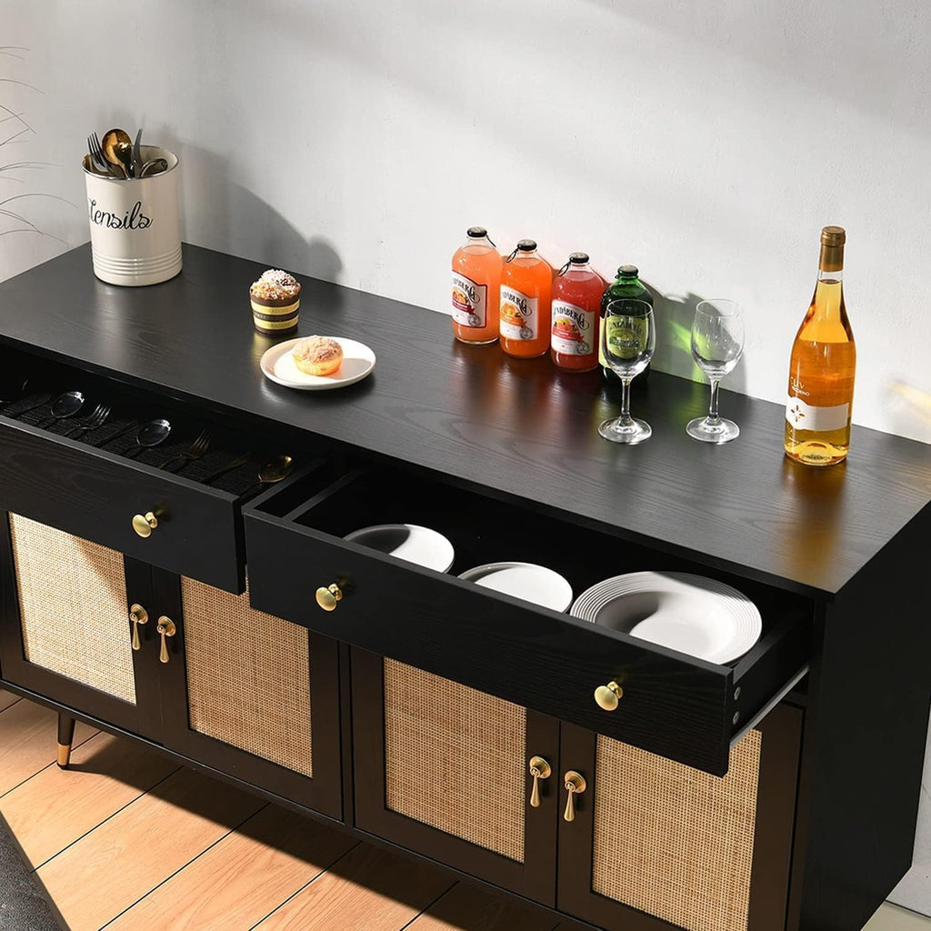 Black Sideboard Storage Cabinet with 4 Rattan Doors and 2 Drawers U108