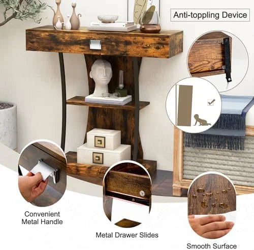 Rustic Brown 3-Tier Console Table with Drawer and Shelves A75046