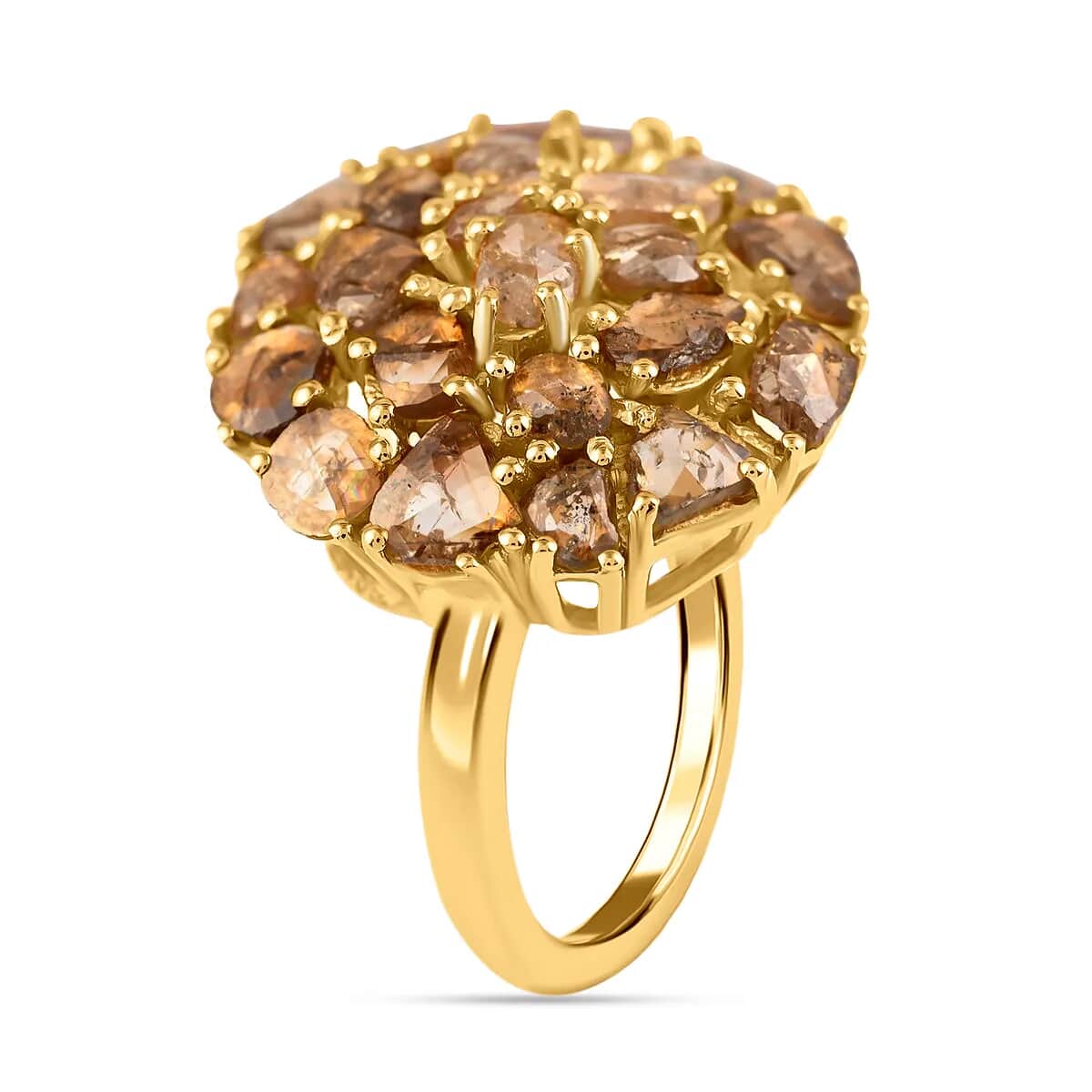 Champagne Diamond Mix 925 Sterling Silver 14K Yellow Gold Plated Cluster Ring Size 8 P4495