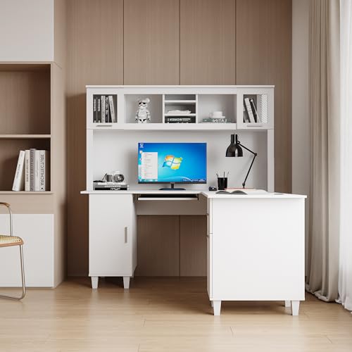 White Corner Desk with Drawers and Shelves I640929