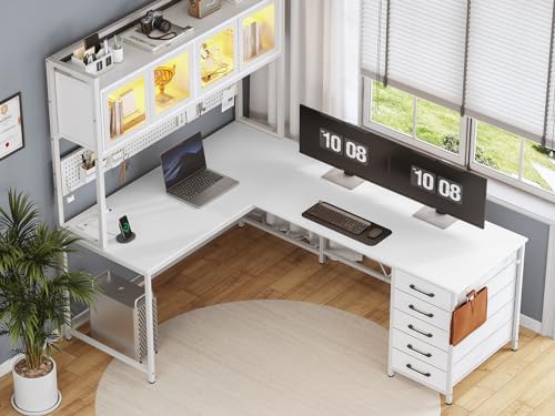 White L Shaped Gaming Desk with Drawers and Hutch A71792