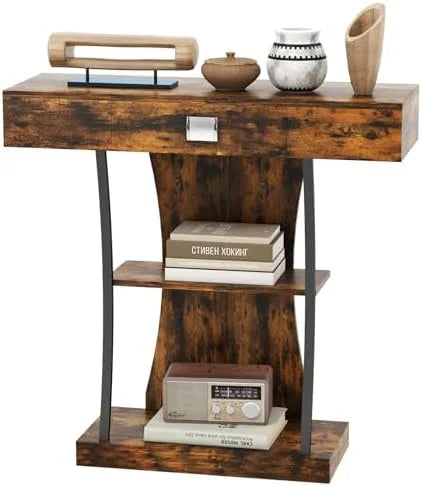 Rustic Brown 3-Tier Console Table with Drawer and Shelves A75046
