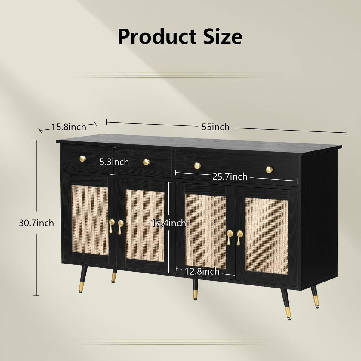Black Sideboard Storage Cabinet with 4 Rattan Doors and 2 Drawers U108