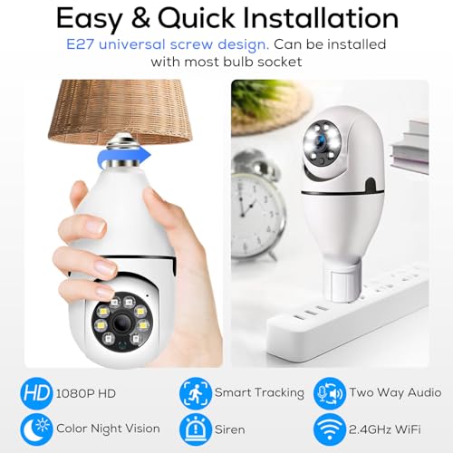 Light Bulb Security Camera, 360° WiFi Wireless Outdoor Indoor Color Night Vision, Auto Tracking Smart Alarm, 2-Way Talk, Porch Light Socket Camera Q461