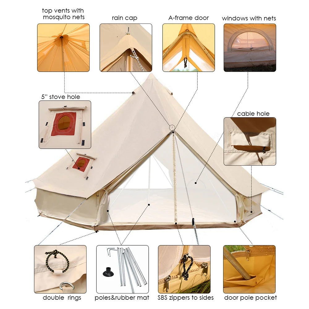 6M Double Door Bell Tent Waterproof Cotton Canvas Glamping Tent Yurt T52189